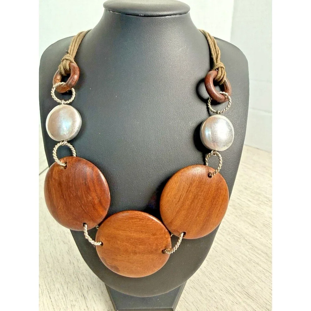 Chunky Round Wood Disc & Textured Silver Statement Necklace Rope Cord Boho